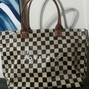 Checkered Tote Bag with Brown Handles